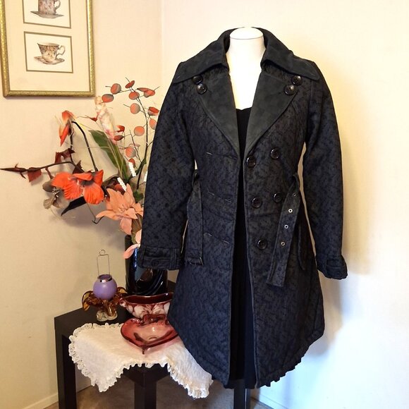 NWT I.AM.GIA Classic Double-Breasted Dark Gray Black Floral Lined Trench Coat - Picture 4 of 15